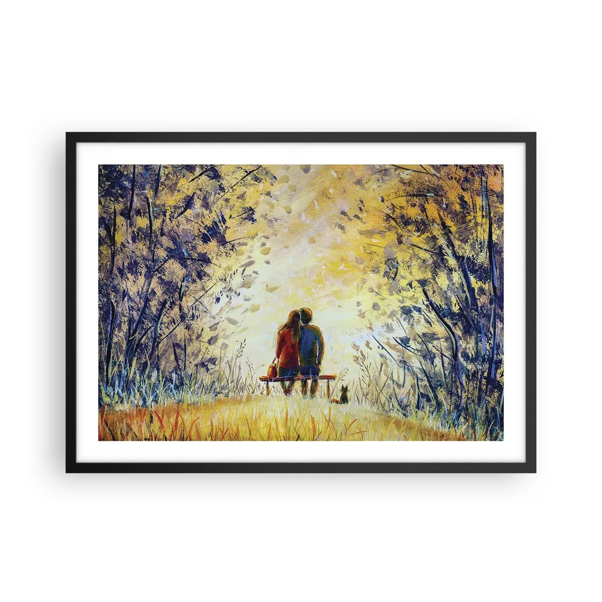 Poster in einem schwarzem Rahmen - Ein Paar sitzt auf einer Bank zwischen herbstlichen Bäumen im Sonnenlicht - 70x50cm - Magischer Augenblick - Moderne Wanddekoration für Wohnzimmer und Schlafzimmer ARTTOR