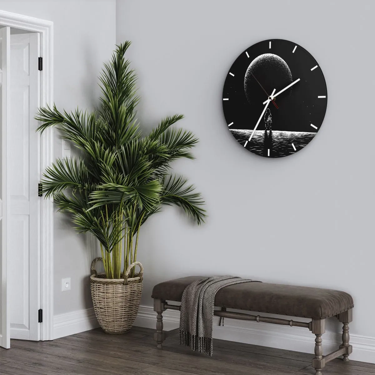 Wanduhr - Glasuhr - Silhouette eines Astronauten vor einem großen Planeten im Weltraum - 30x30cm - Angesicht zu Angesicht - Moderne Wanddekoration für Wohnzimmer, Küche und Schlafzimmer ARTTOR