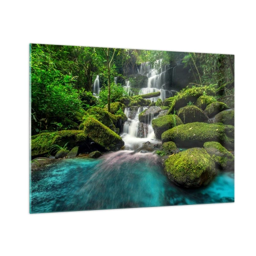 Glasbild - Bild auf glas - Ein exotischer Wasserfall, umgeben von üppigem Grün und türkisfarbenem Wasser - 100x70cm - Türkis, Saphire und flüssiges Silber - Moderne Wanddekoration für Wohnzimmer und Schlafzimmer ARTTOR