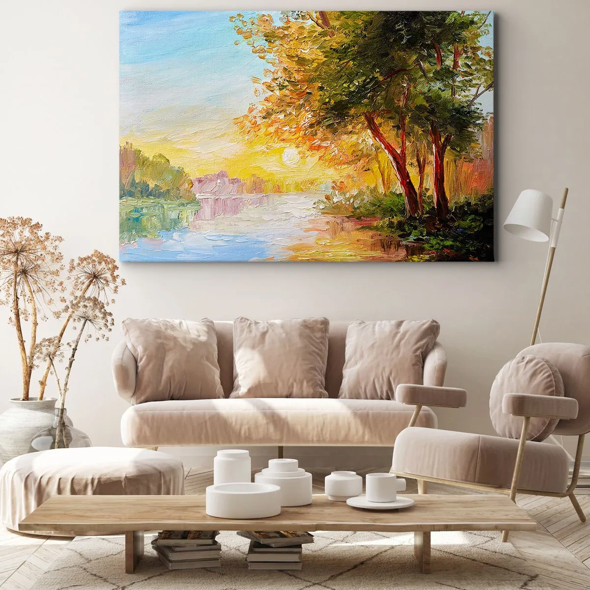 Bild auf Leinwand - Leinwandbild - Eine malerische Landschaft mit einem Fluss und Bäumen bei Sonnenuntergang - 120x80cm - Et in Arcadia ego - Moderne Wanddekoration für Wohnzimmer und Schlafzimmer ARTTOR