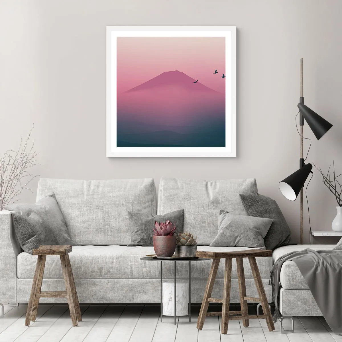Poster in einem weißen Rahmen - Wanderer über den Wolken - 50x50 cm