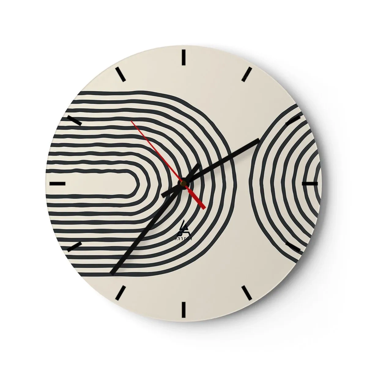Wanduhr - Glasuhr - Geometrische Linien in Form konzentrischer Wellen auf beigem Hintergrund - 30x30cm - In einem Moment ... - Moderne Wanddekoration für Wohnzimmer, Küche und Schlafzimmer ARTTOR