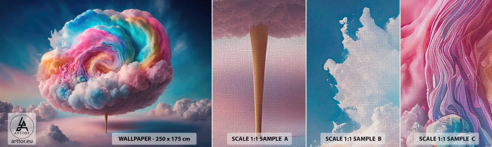 Fototapeten Muster Premium Canvas - Traum von einem Vergnügungspark - Pastell, Wolken, Zuckerhaltig - 100x30 cm