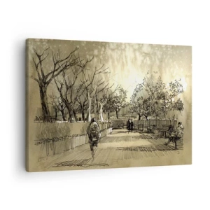 Bild auf Leinwand - Leinwandbild - Eine Cartoon-Szene eines Parks mit spazierenden Menschen in warmen Tönen. - 70x50cm - Ein Moment mit einer Feder angehalten - Moderne Wanddekoration für Wohnzimmer und Schlafzimmer ARTTOR