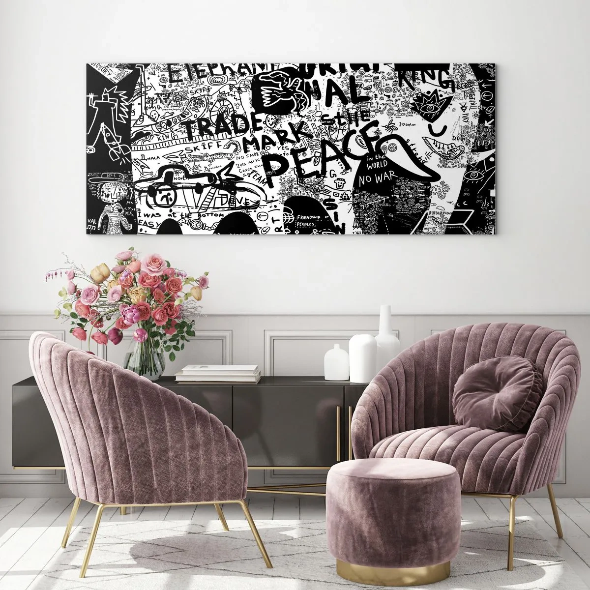 Glasbild - Bild auf glas - Schwarz-Weiß-Grafiken mit Graffiti-Motiven - 140x50cm - Reiche Straßenwelt - Moderne Wanddekoration für Wohnzimmer und Schlafzimmer ARTTOR