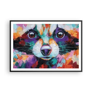 Poster in einem schwarzem Rahmen - Ein farbenfrohes Porträt eines Waschbären im Stil der expressiven Malerei. - 100x70cm - Nur gute Emotionen - Moderne Wanddekoration für Wohnzimmer und Schlafzimmer ARTTOR