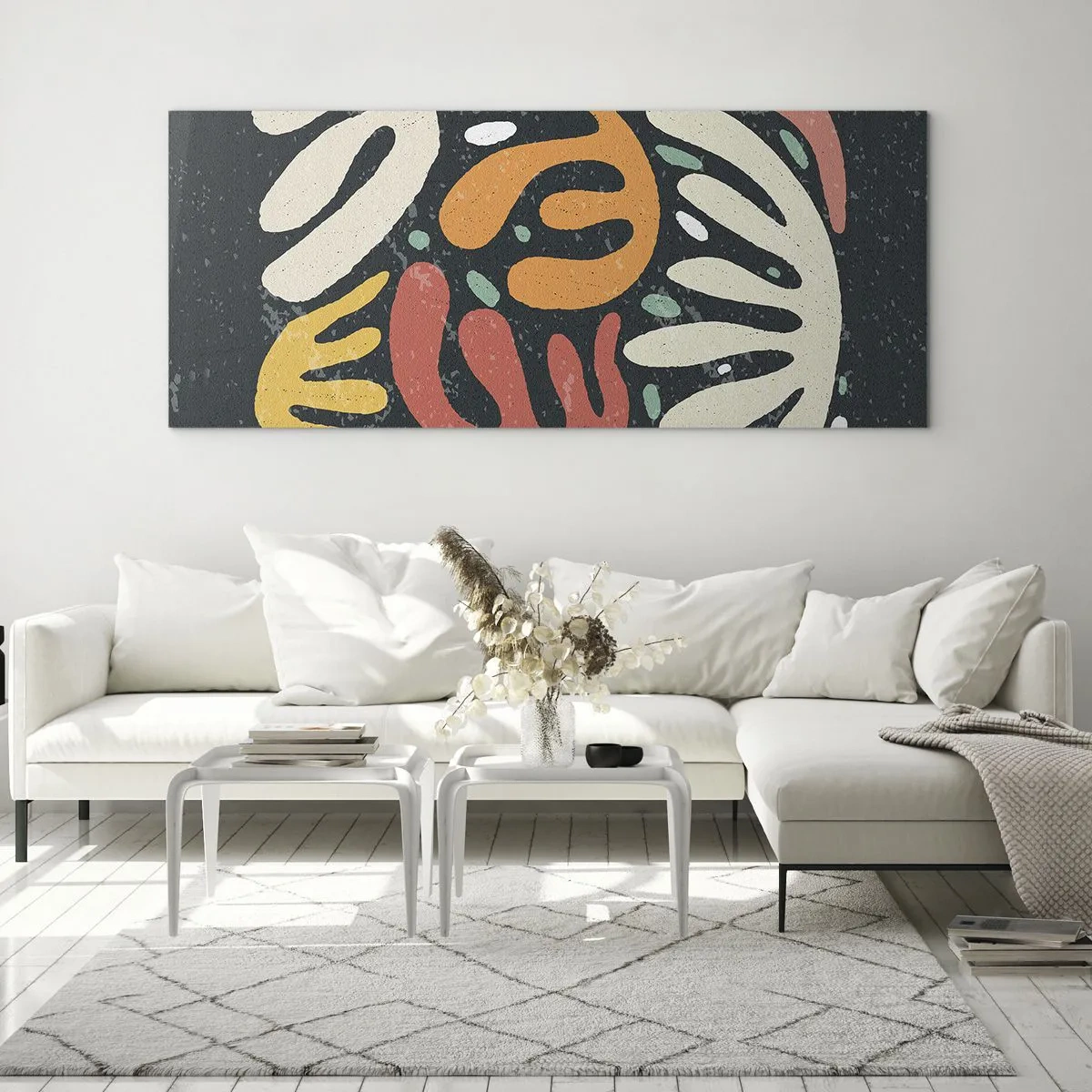 Glasbild - Bild auf glas - Abstrakte Formen in warmen Farben auf dunklem Hintergrund - 120x50cm - Komposition – Ich erwische dich gleich - Moderne Wanddekoration für Wohnzimmer und Schlafzimmer ARTTOR