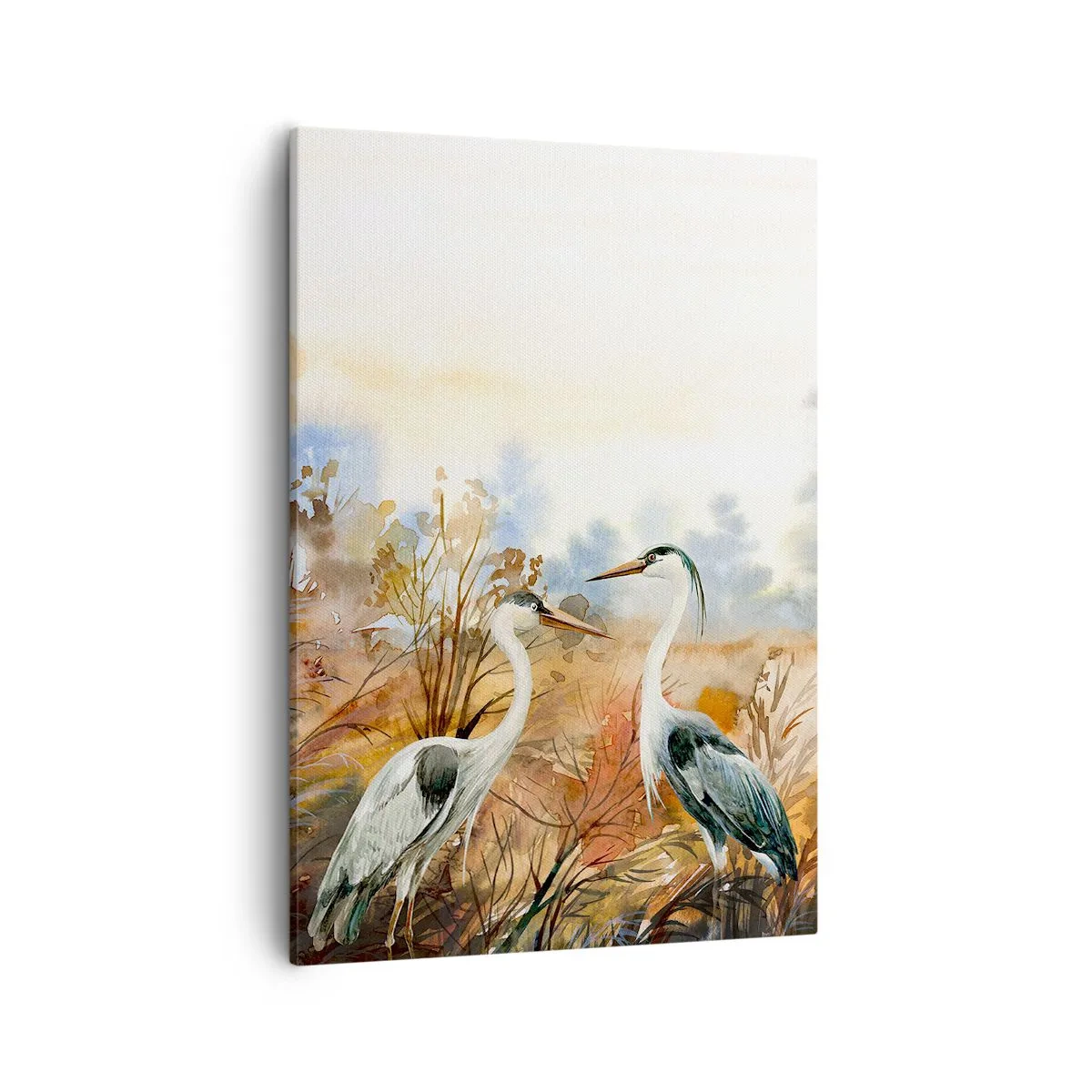 Bild auf Leinwand - Leinwandbild - Zwei Reiher vor dem Hintergrund einer herbstlichen Landschaft - 50x70cm - Wohin im Herbst? - Moderne Wanddekoration für Wohnzimmer und Schlafzimmer ARTTOR