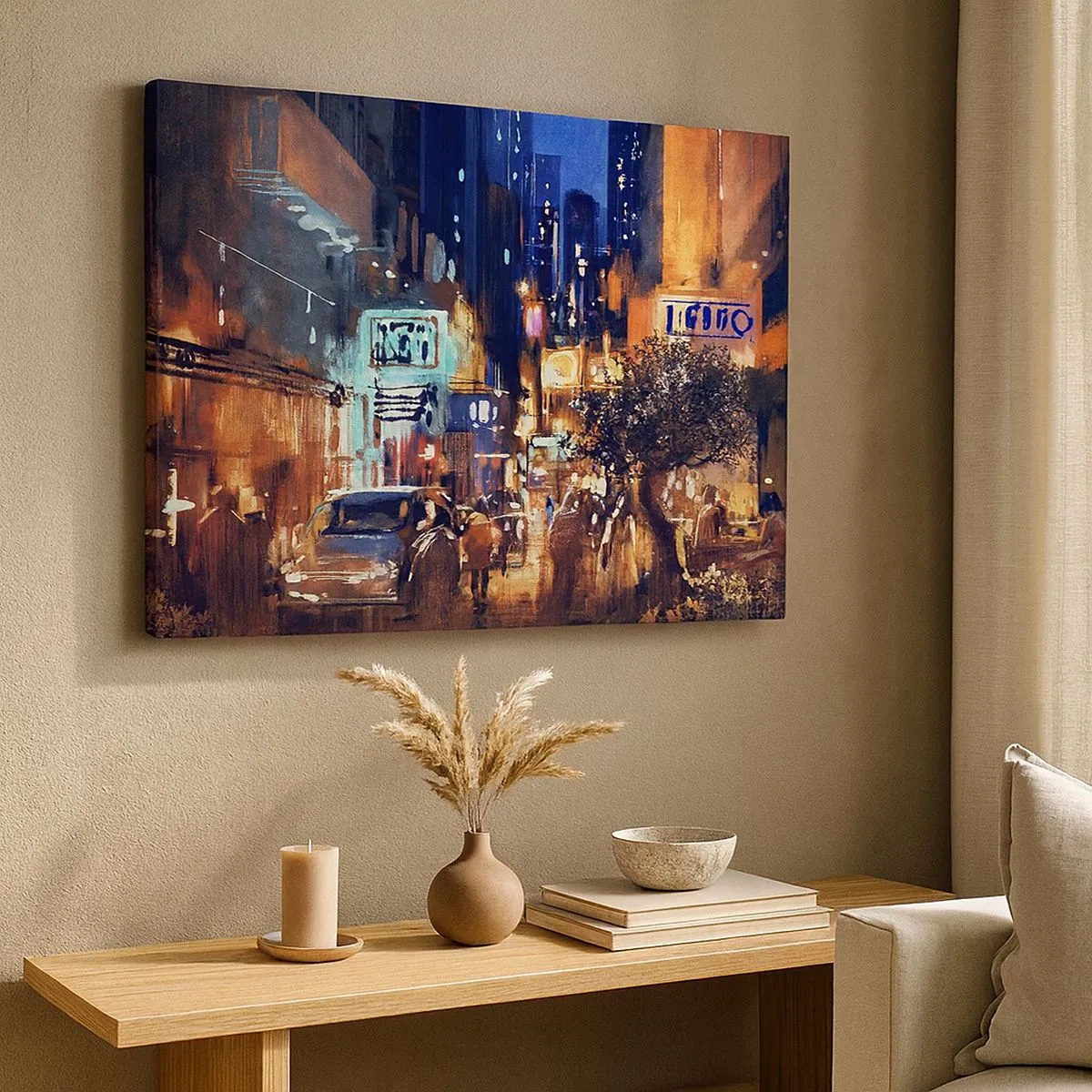 Bild auf Leinwand - Leinwandbild - Abendliche Stadtansicht im impressionistischen Stil - 70x50cm - Und die Stadt ist wach - Moderne Wanddekoration für Wohnzimmer und Schlafzimmer ARTTOR