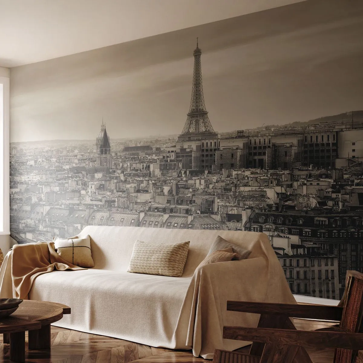 Fototapete Premium Sand - Panorama der Stadt mit einem Turm in Sepiatönen - 100x70cm - Über den Dächern von Paris - Moderne Wanddekoration für Wohnzimmer und Schlafzimmer ARTTOR