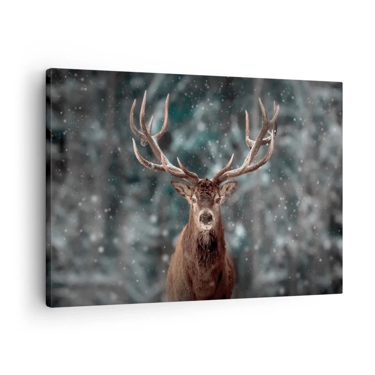 Bild auf Leinwand - Leinwandbild - Hirsche in einem Winterwald mit fallendem Schnee - 70x50cm - Gekrönter König des Waldes - Moderne Wanddekoration für Wohnzimmer und Schlafzimmer ARTTOR