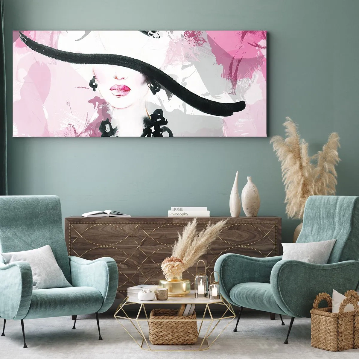 Bild auf Leinwand - Leinwandbild - Bildnis einer Dame in Schwarz und Pink - 90x30 cm