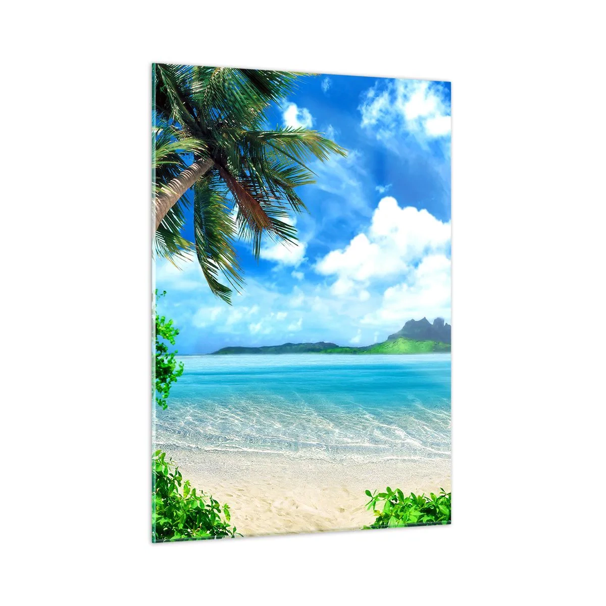 Glasbild - Bild auf glas - Ein tropischer Strand mit Palmen und Blick auf eine bergige Insel - 50x70cm - Das Azurblau der Tropen - Moderne Wanddekoration für Wohnzimmer und Schlafzimmer ARTTOR