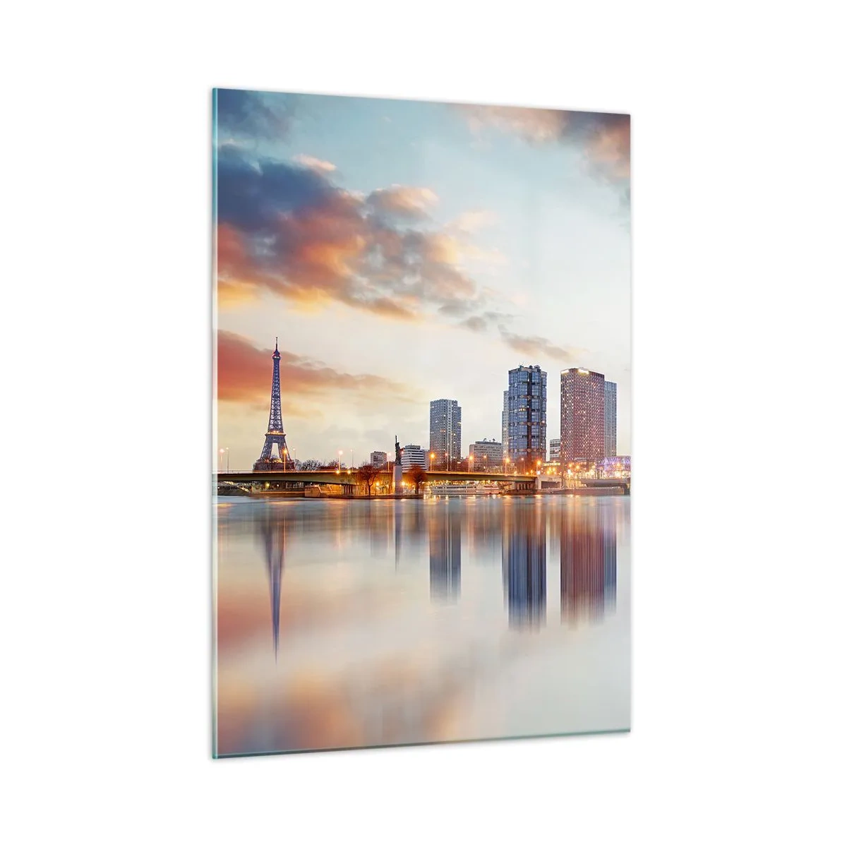 Glasbild - Bild auf glas - Panorama von Paris mit dem Eiffelturm und modernen Gebäuden in der Abenddämmerung - 50x70cm - Die monumentale Ruhe von Paris - Moderne Wanddekoration für Wohnzimmer und Schlafzimmer ARTTOR