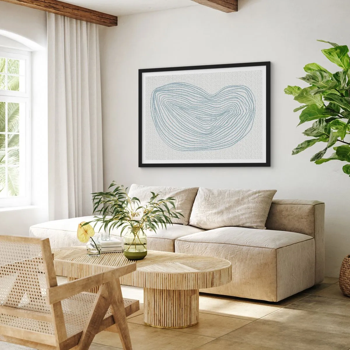 Poster in einem schwarzem Rahmen - Abstraktes Wellenmotiv in zartem Blau - 100x70cm - Das Lächeln der Wassertropfen - Moderne Wanddekoration für Wohnzimmer und Schlafzimmer ARTTOR