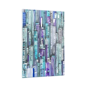 Glasbild - Bild auf glas - Illustration einer Stadt mit geometrischen Gebäuden in Blau- und Lilatönen. - 80x120cm - Bläulich von dem Himmel - Moderne Wanddekoration für Wohnzimmer und Schlafzimmer ARTTOR