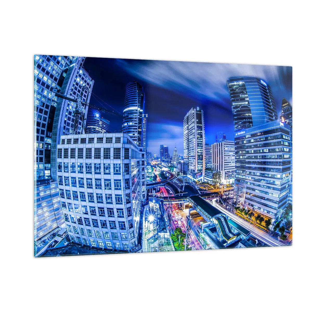 Glasbild - Bild auf glas - Panorama einer modernen Stadt bei Nacht mit hellen Lichtern - 120x80cm - Rhythmen der Nachtstadt - Moderne Wanddekoration für Wohnzimmer und Schlafzimmer ARTTOR