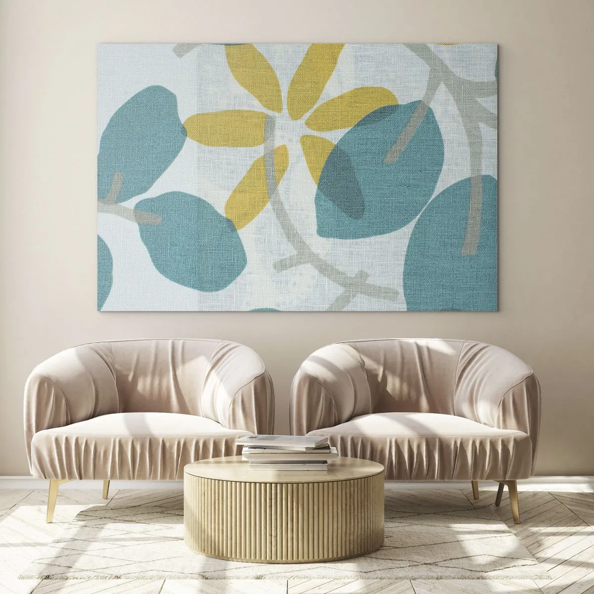Glasbild - Bild auf glas - Eine Pflanzengrafik mit azurblauen Blättern und gelben Blüten - 70x50cm - Unter den azurblauen Blättern - Moderne Wanddekoration für Wohnzimmer und Schlafzimmer ARTTOR