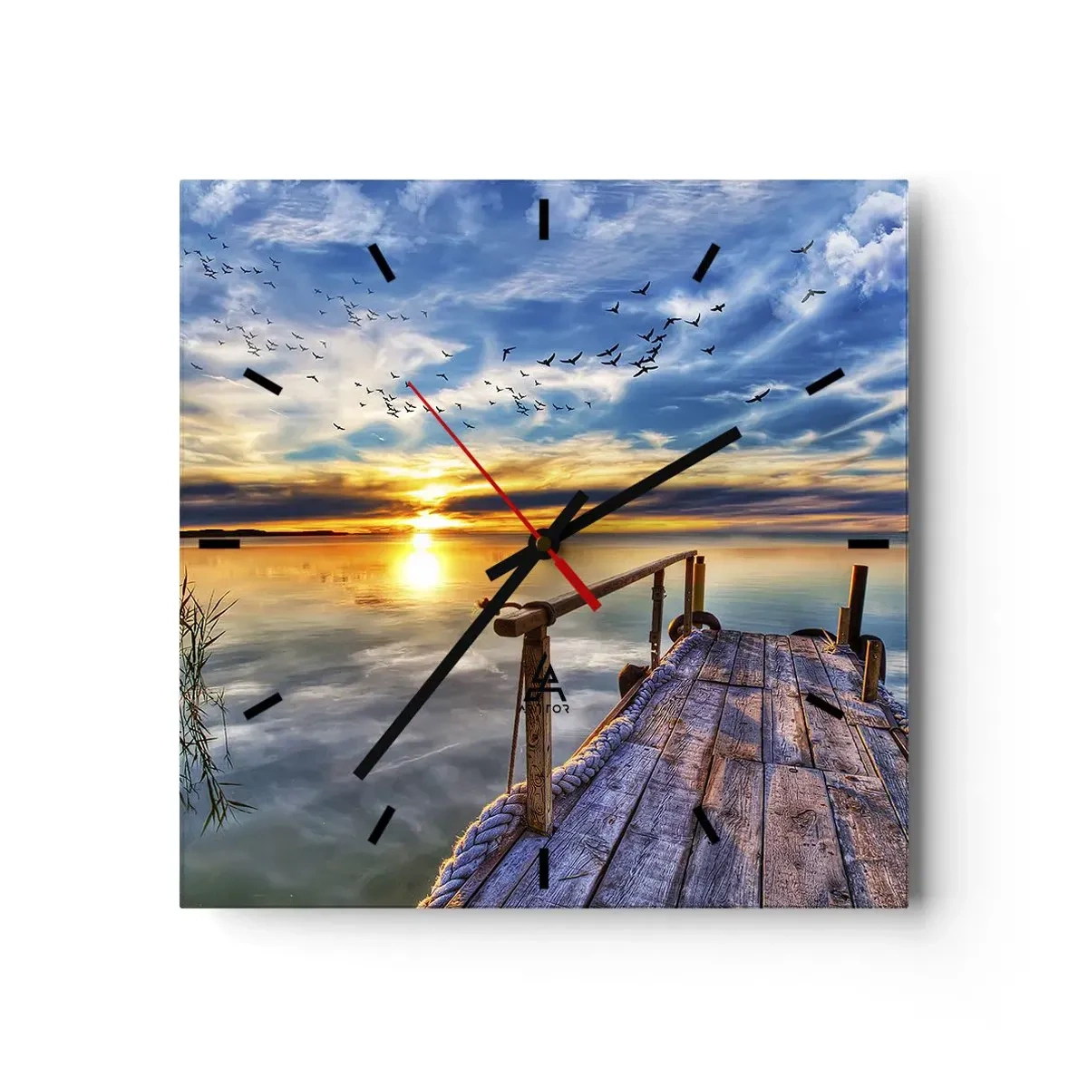 Wanduhr - Glasuhr - Holzsteg über dem See bei Sonnenuntergang - 30x30cm - Der Wind geht zur Ruhe - Moderne Wanddekoration für Wohnzimmer und Schlafzimmer ARTTOR
