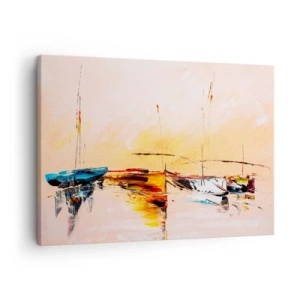Bild auf Leinwand - Leinwandbild - Bunte Boote auf ruhigem Wasser bei Sonnenuntergang - 70x50cm - Abend im Yachthafen - Moderne Wanddekoration für Wohnzimmer und Schlafzimmer ARTTOR