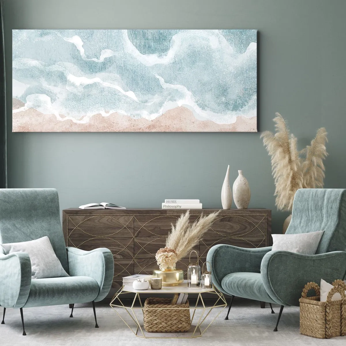 Bild auf Leinwand - Leinwandbild - Abstrakter Strand mit Wellen in Blau- und Beigetönen - 140x50cm - Cloud-Abstraktion - Moderne Wanddekoration für Wohnzimmer und Schlafzimmer ARTTOR