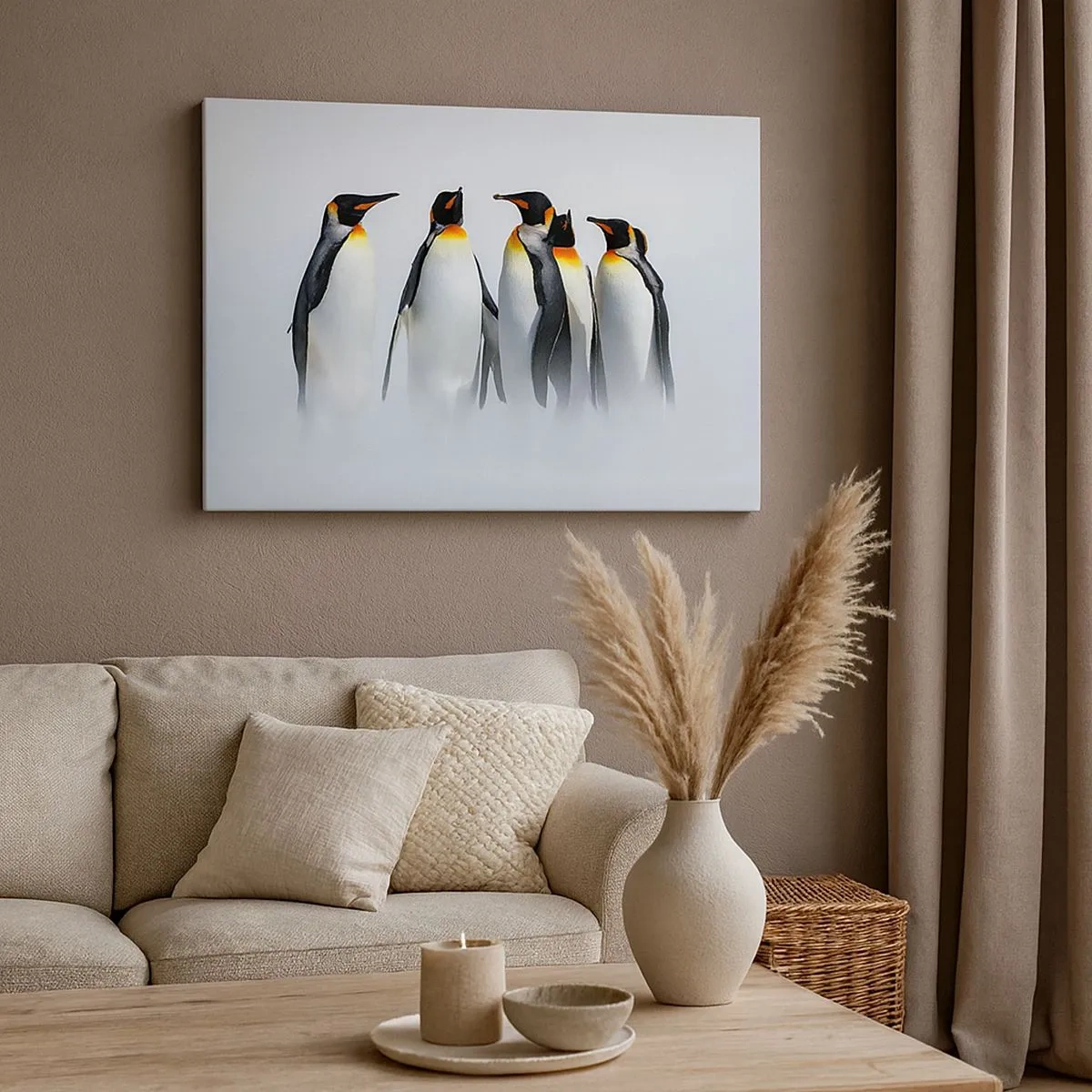 Bild auf Leinwand - Leinwandbild - Eine Gruppe Kaiserpinguine im Winternebel - 70x50cm - Treffen in Abendkleidern - Moderne Wanddekoration für Wohnzimmer und Schlafzimmer ARTTOR