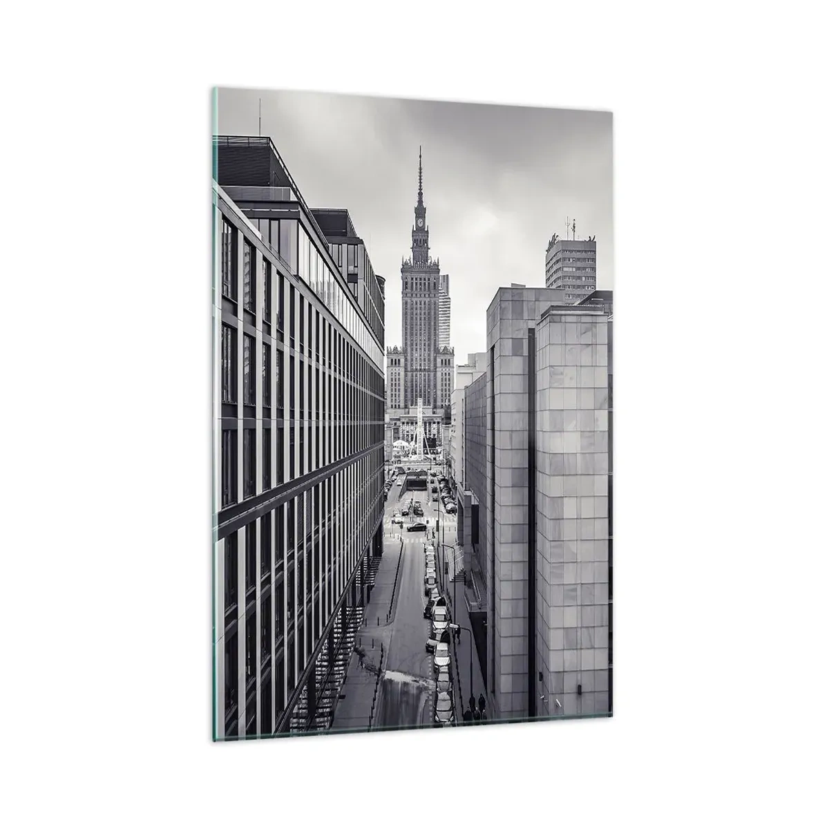 Glasbild - Bild auf glas - Panorama von Warschau mit Blick auf den Kulturpalast und die umliegenden Gebäude - 80x120cm - Warschauer Tal - Moderne Wanddekoration für Wohnzimmer und Schlafzimmer ARTTOR