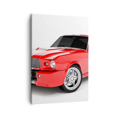 Bild auf Leinwand - Leinwandbild - Roter Sportwagen mit weißen Streifen - 50x70cm - Ein Mustang so schnell wie der Wind - Moderne Wanddekoration für Wohnzimmer und Schlafzimmer ARTTOR