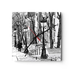 Wanduhr - Glasuhr - Eine Straße mit Lampen und einer menschlichen Silhouette in Skizzentechnik - 30x30cm - Liebesgeschichte oder Horrorgeschichte? - Moderne Wanddekoration für Wohnzimmer und Schlafzimmer ARTTOR