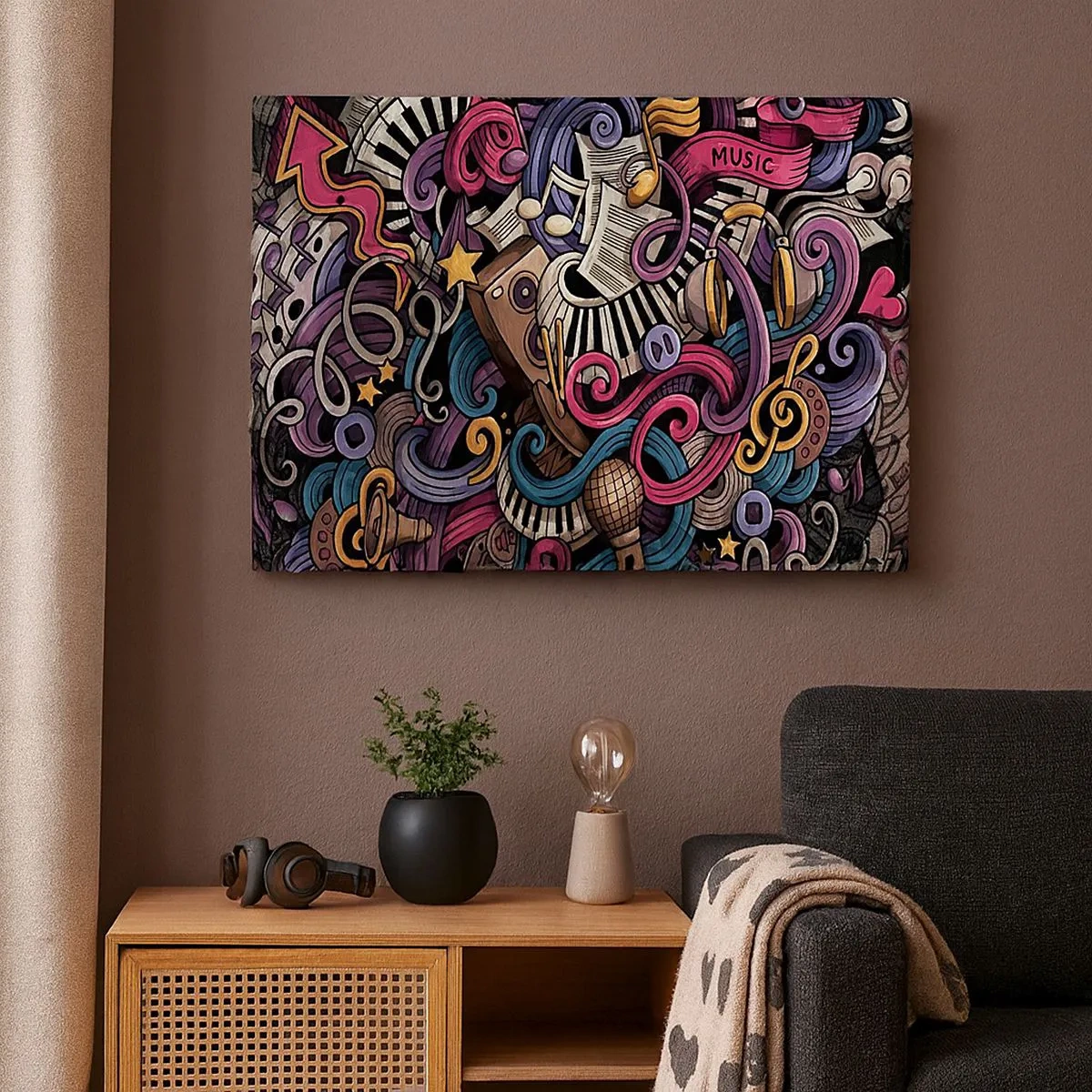 Bild auf Leinwand - Leinwandbild - Eine musikalische Abstraktion voller farbenfroher Instrumente und Noten. - 70x50cm - Komplizierte Melodie - Moderne Wanddekoration für Wohnzimmer und Schlafzimmer ARTTOR