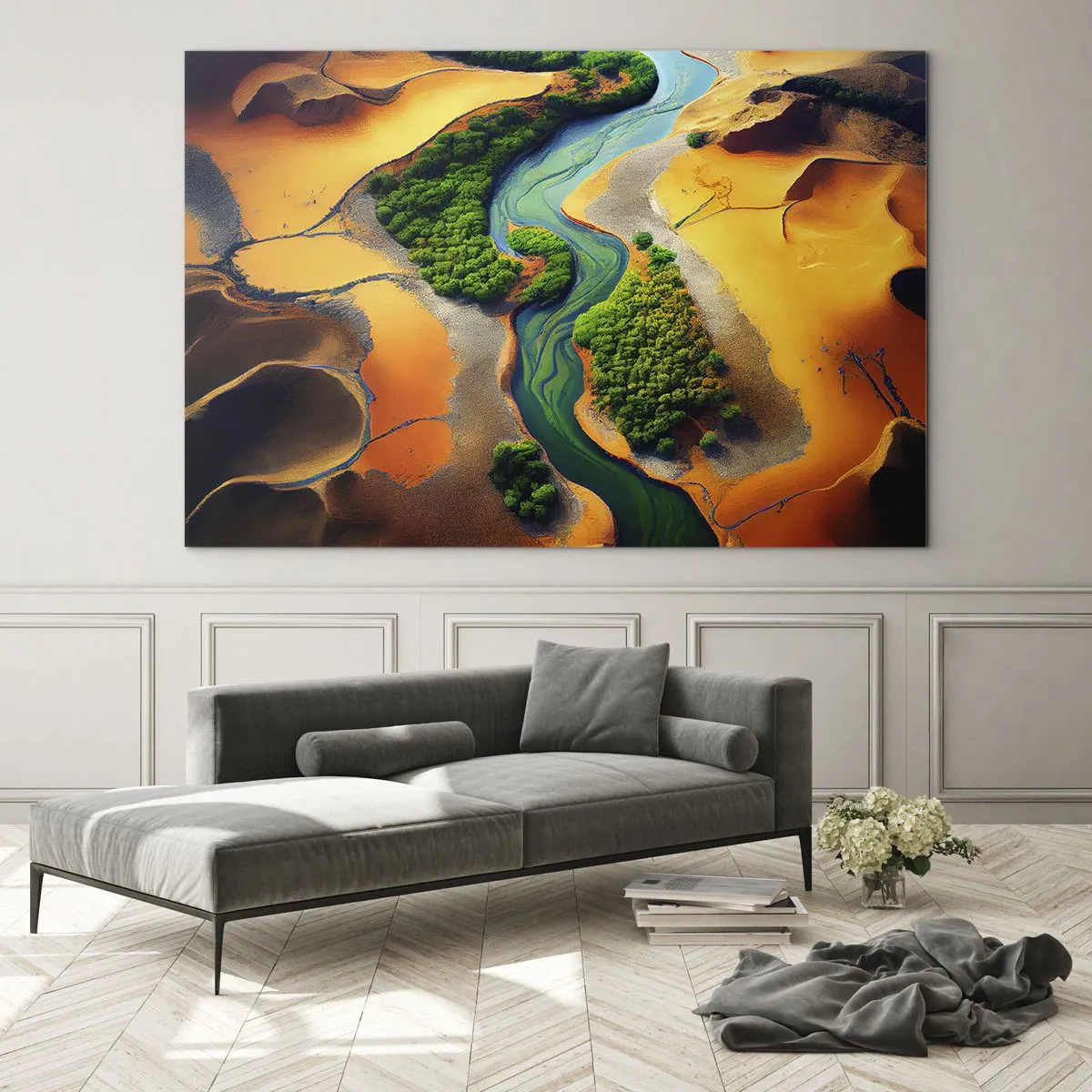 Glasbild - Bild auf glas - Grüne Oasen und ein Fluss zwischen orangefarbenen Dünen - 70x50cm - Lebensspendender Fluss - Moderne Wanddekoration für Wohnzimmer und Schlafzimmer ARTTOR