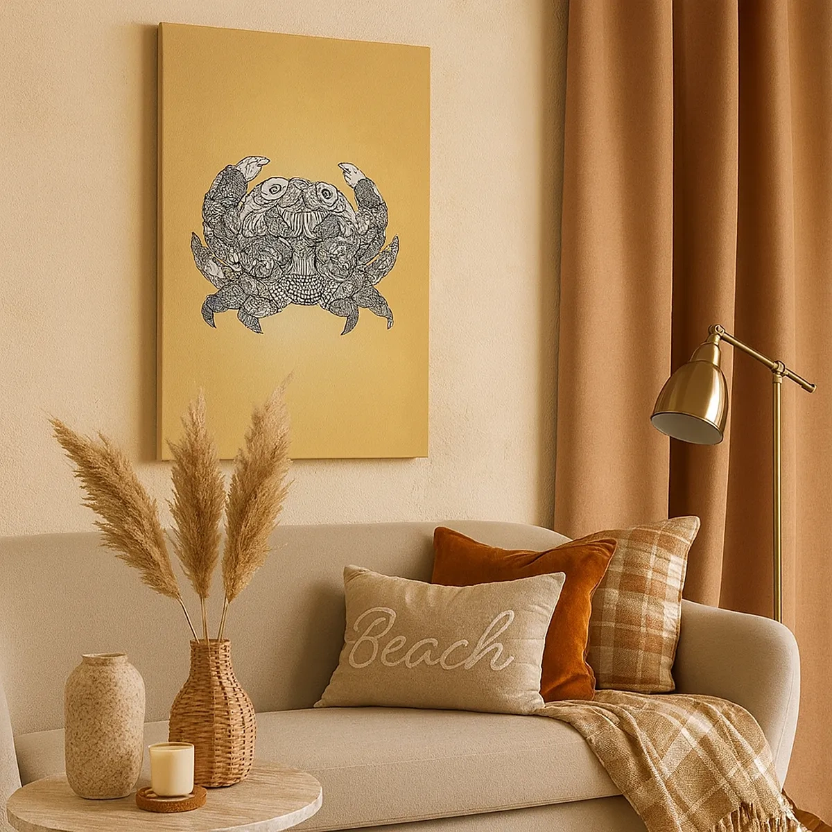 Bild auf Leinwand - Leinwandbild - Dekorative Zeichnung einer Krabbe auf goldenem Hintergrund - 50x70cm - Geschichten von Mr. Krabs - Moderne Wanddekoration für Wohnzimmer und Schlafzimmer ARTTOR