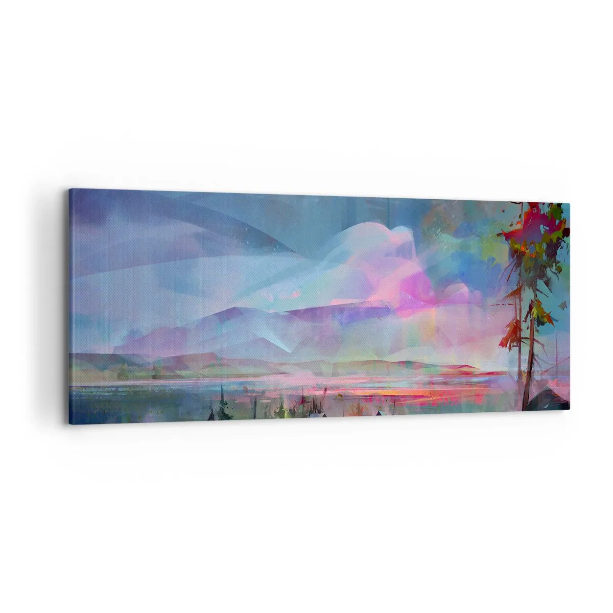 Bild auf Leinwand - Leinwandbild - Berglandschaft mit buntem Himmel und einem Dorf - 120x50cm - Unter einem wohlwollenden Himmel - Moderne Wanddekoration für Wohnzimmer und Schlafzimmer ARTTOR
