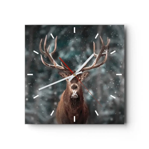 Wanduhr - Glasuhr - Hirsche in einem Winterwald mit fallendem Schnee - 30x30cm - Gekrönter König des Waldes - Moderne Wanddekoration für Wohnzimmer und Schlafzimmer ARTTOR
