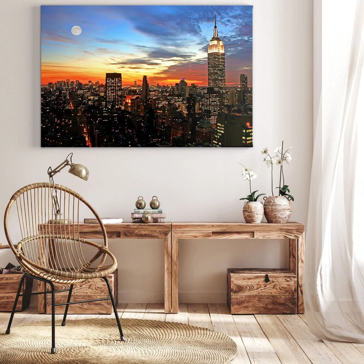 Bild auf Leinwand - Leinwandbild - Stadtpanorama mit beleuchteten Wolkenkratzern in der Abenddämmerung - 100x70cm - Leuchtende amerikanische Nacht - Moderne Wanddekoration für Wohnzimmer und Schlafzimmer ARTTOR