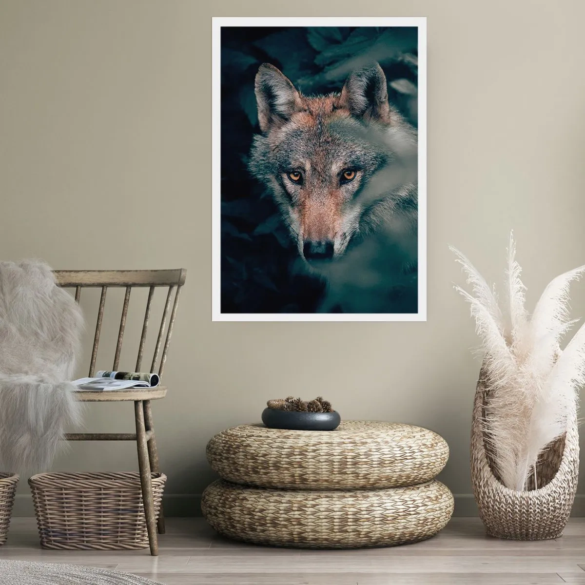Poster - Porträt eines Wolfes in einer geheimnisvollen Waldkulisse - 50x70cm - Jäger - Moderne Wanddekoration für Wohnzimmer und Schlafzimmer ARTTOR