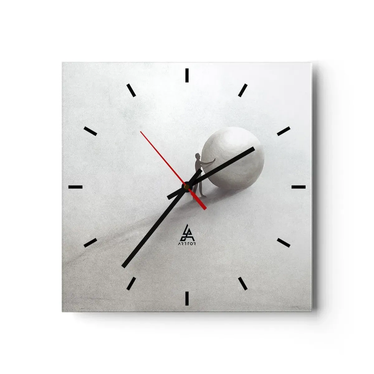 Wanduhr - Glasuhr - Eine minimalistische Figur mit einem Ball auf einem hellen, monochromen Hintergrund. - 30x30cm - Das Spiel des Lebens - Moderne Wanddekoration für Wohnzimmer und Schlafzimmer ARTTOR