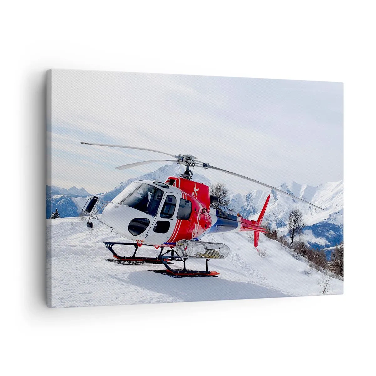 Bild auf Leinwand - Leinwandbild - Ein roter Hubschrauber vor einer verschneiten Berglandschaft. - 70x50cm - Immer bereit - Moderne Wanddekoration für Wohnzimmer und Schlafzimmer ARTTOR