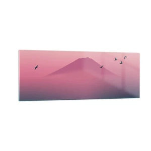 Glasbild - Bild auf glas - Eine minimalistische Landschaft mit einem Berg und Vögeln bei Sonnenaufgang - 140x50cm - Wanderer über den Wolken - Moderne Wanddekoration für Wohnzimmer und Schlafzimmer ARTTOR
