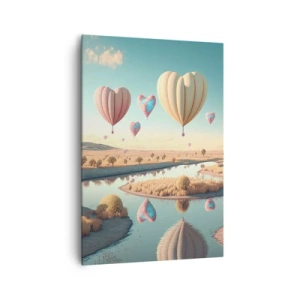 Bild auf Leinwand - Leinwandbild - Herzförmige Ballons schweben über der Landschaft - 70x100cm - Dank Liebe steigt man auf - Moderne Wanddekoration für Wohnzimmer und Schlafzimmer ARTTOR