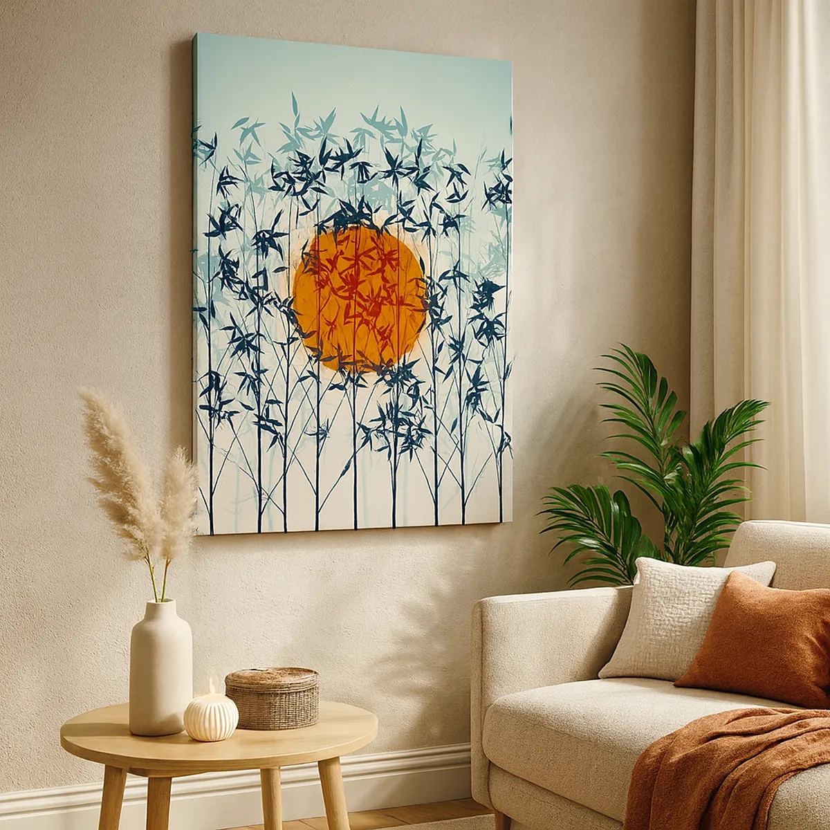 Bild auf Leinwand - Leinwandbild - Orange Sonne zwischen den Bambuszweigen - 50x70cm - Japanische Sonne - Moderne Wanddekoration für Wohnzimmer und Schlafzimmer ARTTOR