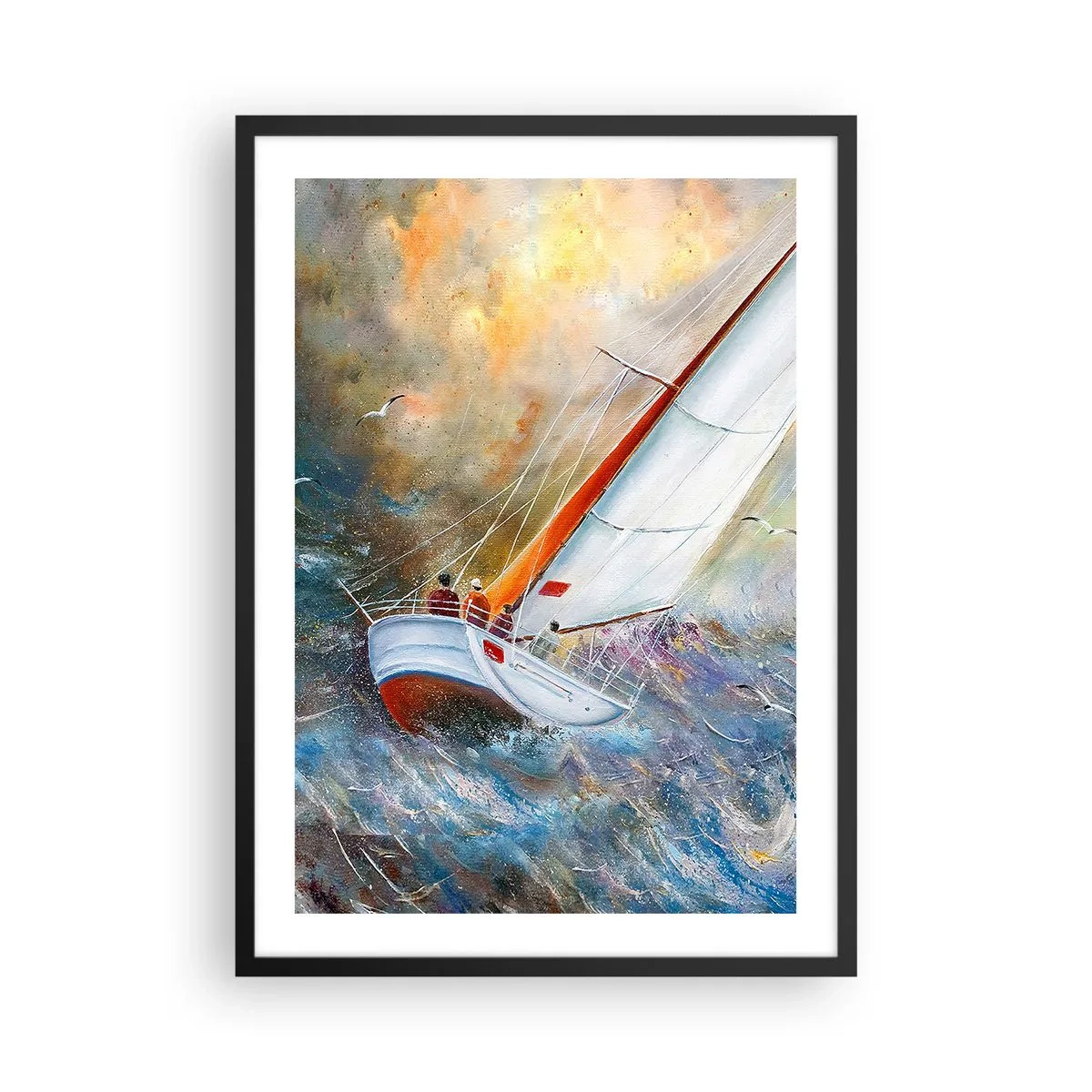Poster in einem schwarzem Rahmen - Eine Yacht segelt auf stürmischer See in einer malerischen Landschaft - 50x70cm - Durch die Wellen laufend - Moderne Wanddekoration für Wohnzimmer und Schlafzimmer ARTTOR