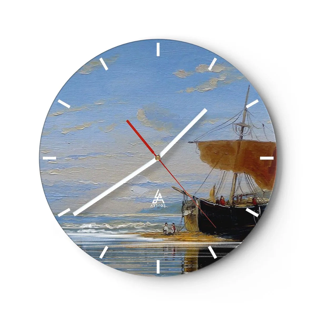 Wanduhr - Glasuhr - Ein Segelschiff am Ufer mit Menschen vor dem Hintergrund von Himmel und Meer - 30x30cm - Wasser, Land, Luft - Moderne Wanddekoration für Wohnzimmer, Küche und Schlafzimmer ARTTOR