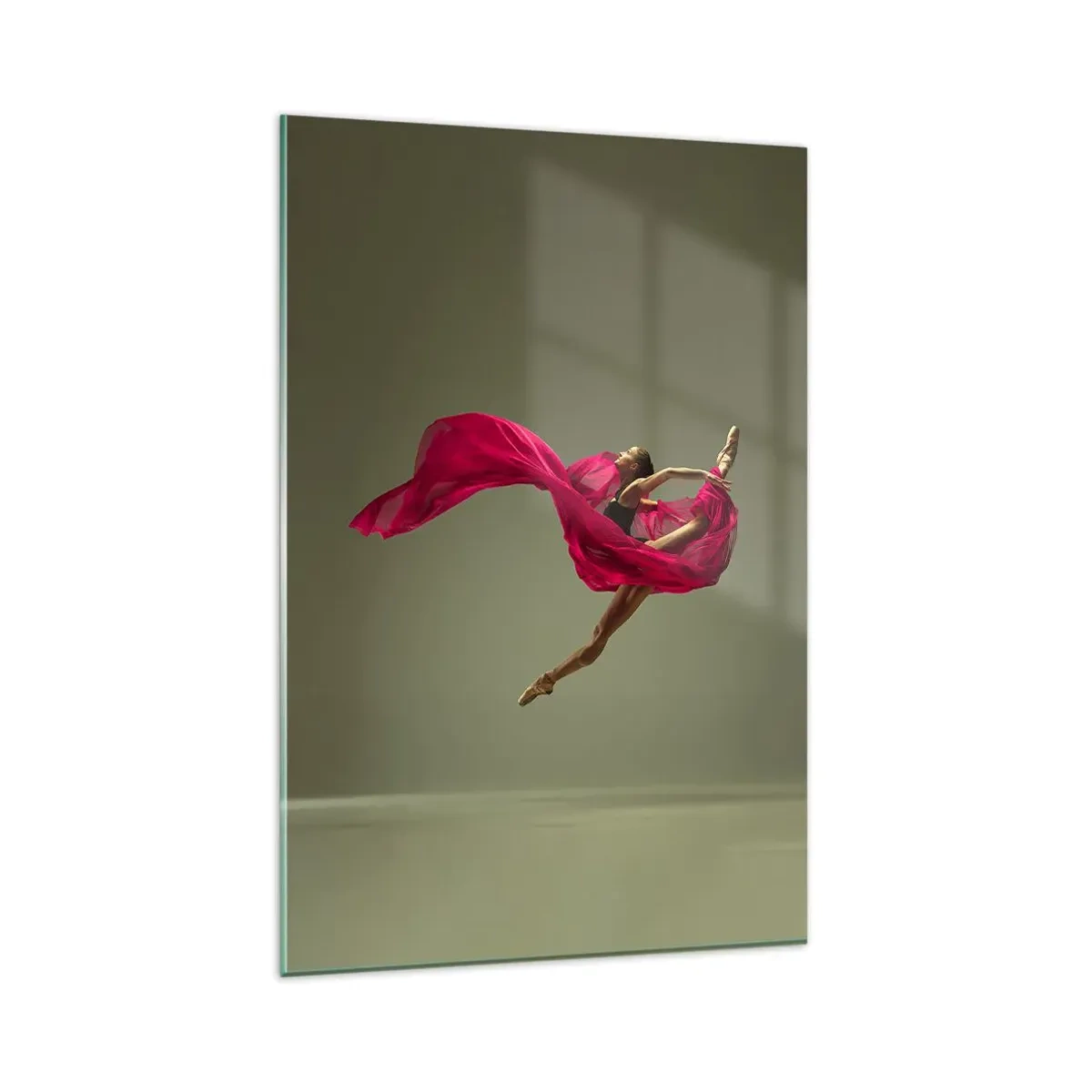 Glasbild - Bild auf glas - Balletttänzerin in dynamischer Pose mit rosa Stoff - 80x120cm - Tanzende Flamme - Moderne Wanddekoration für Wohnzimmer und Schlafzimmer ARTTOR