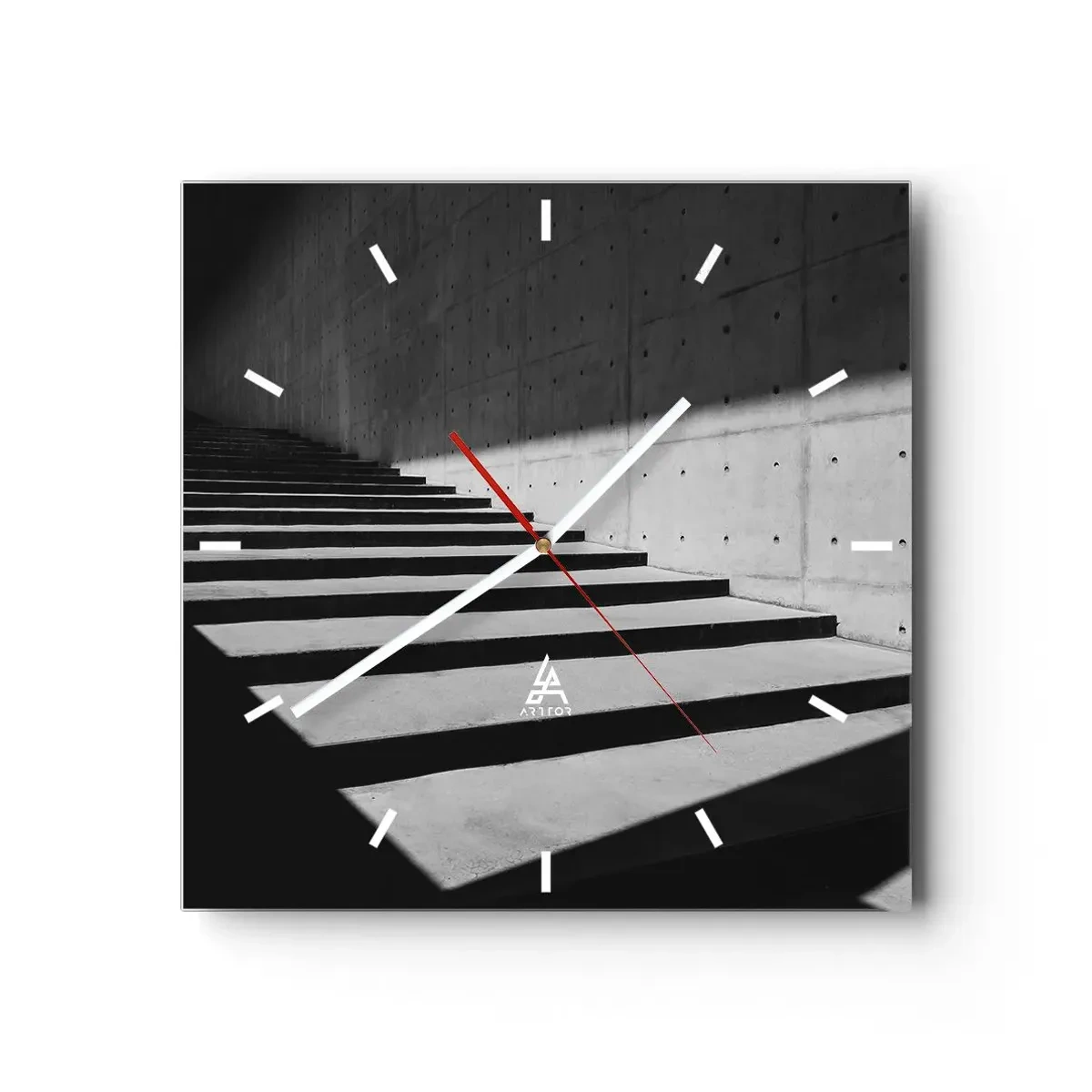 Wanduhr - Glasuhr - Treppe im minimalistischen Stil in Schwarz und Weiß - 30x30cm - Rohe Schönheit des Modernismus - Moderne Wanddekoration für Wohnzimmer und Schlafzimmer ARTTOR