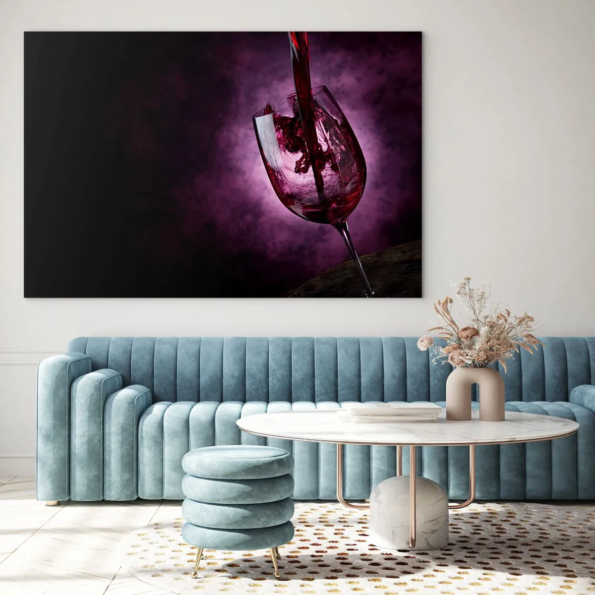 Glasbild - Bild auf glas - Rotwein wird vor violettem Hintergrund in ein Glas gegossen - 70x50cm - Scharlachrot? Karminrot? Nein, Rubin. - Moderne Wanddekoration für Wohnzimmer und Schlafzimmer ARTTOR
