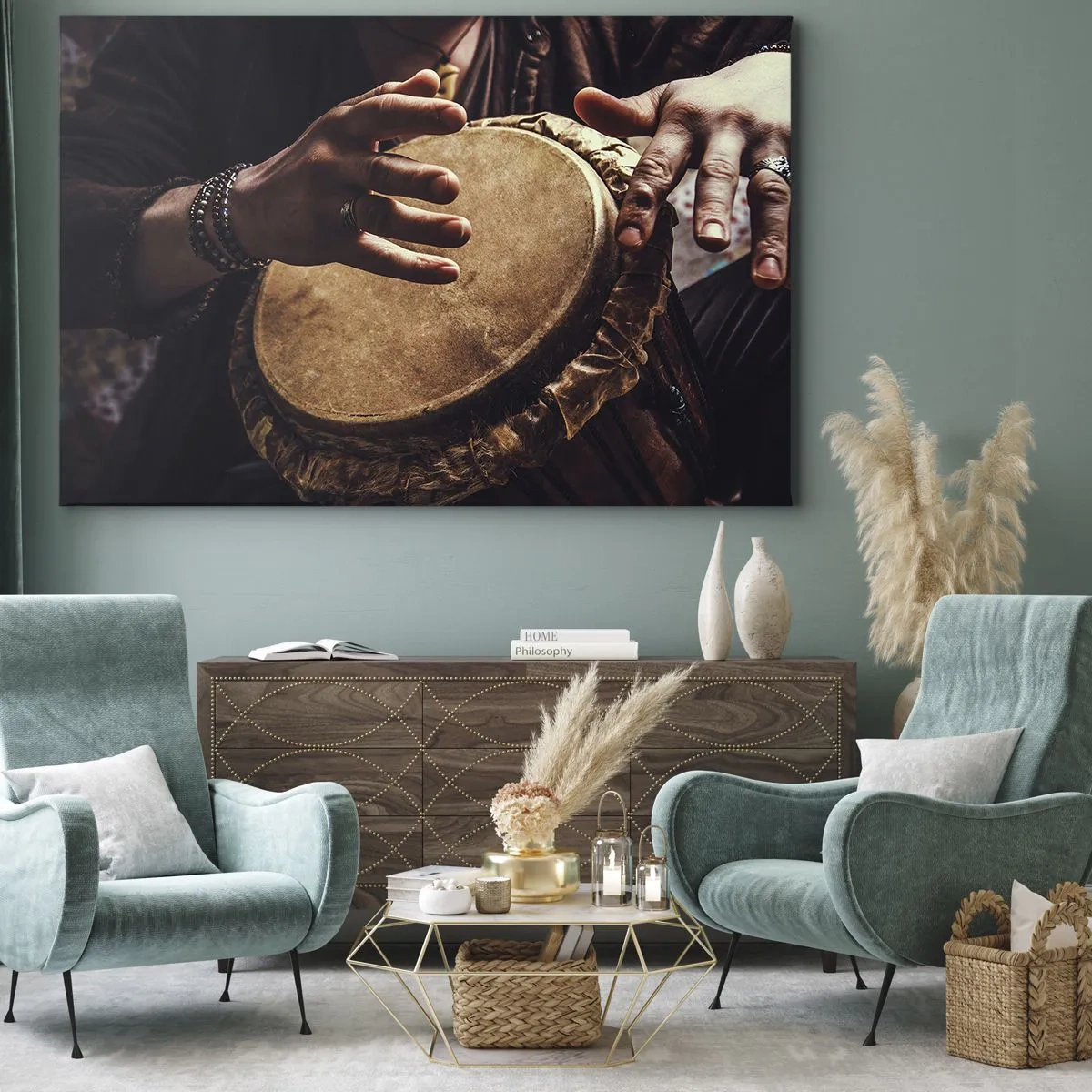 Bild auf Leinwand - Leinwandbild - Hände spielen eine traditionelle Djembe-Trommel - 120x80cm - Im Rhythmus des Herzens - Moderne Wanddekoration für Wohnzimmer und Schlafzimmer ARTTOR