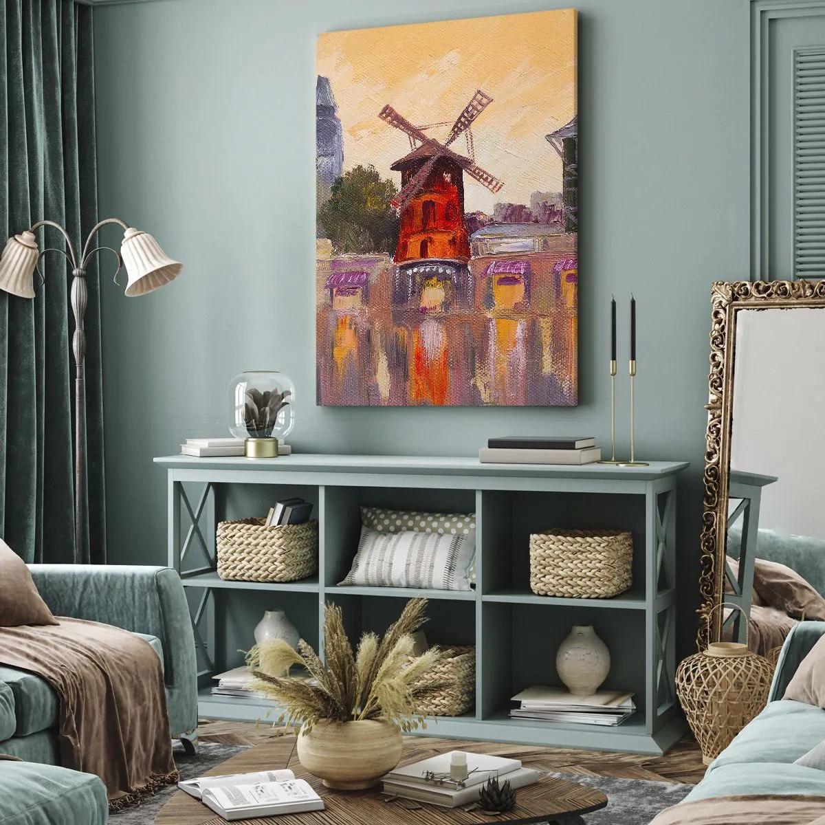 Bild auf Leinwand - Leinwandbild - Die rote Windmühle des Moulin Rouge, umgeben von der Stadtlandschaft - 50x70cm - Pariser Ikonen – Moulin Rouge - Moderne Wanddekoration für Wohnzimmer und Schlafzimmer ARTTOR