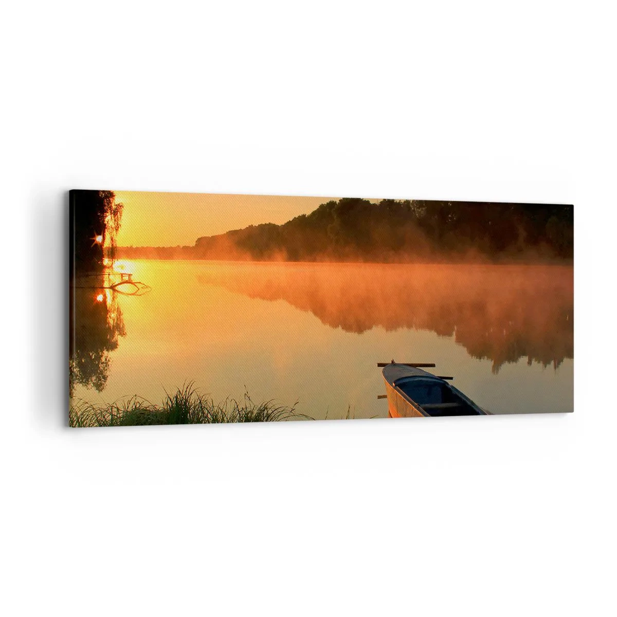 Bild auf Leinwand - Leinwandbild - Morgennebel über dem Fluss mit einem Boot in den Sonnenstrahlen - 120x50cm - Sonnenaufgang über dem Wasser wie ein Spiegel - Moderne Wanddekoration für Wohnzimmer und Schlafzimmer ARTTOR