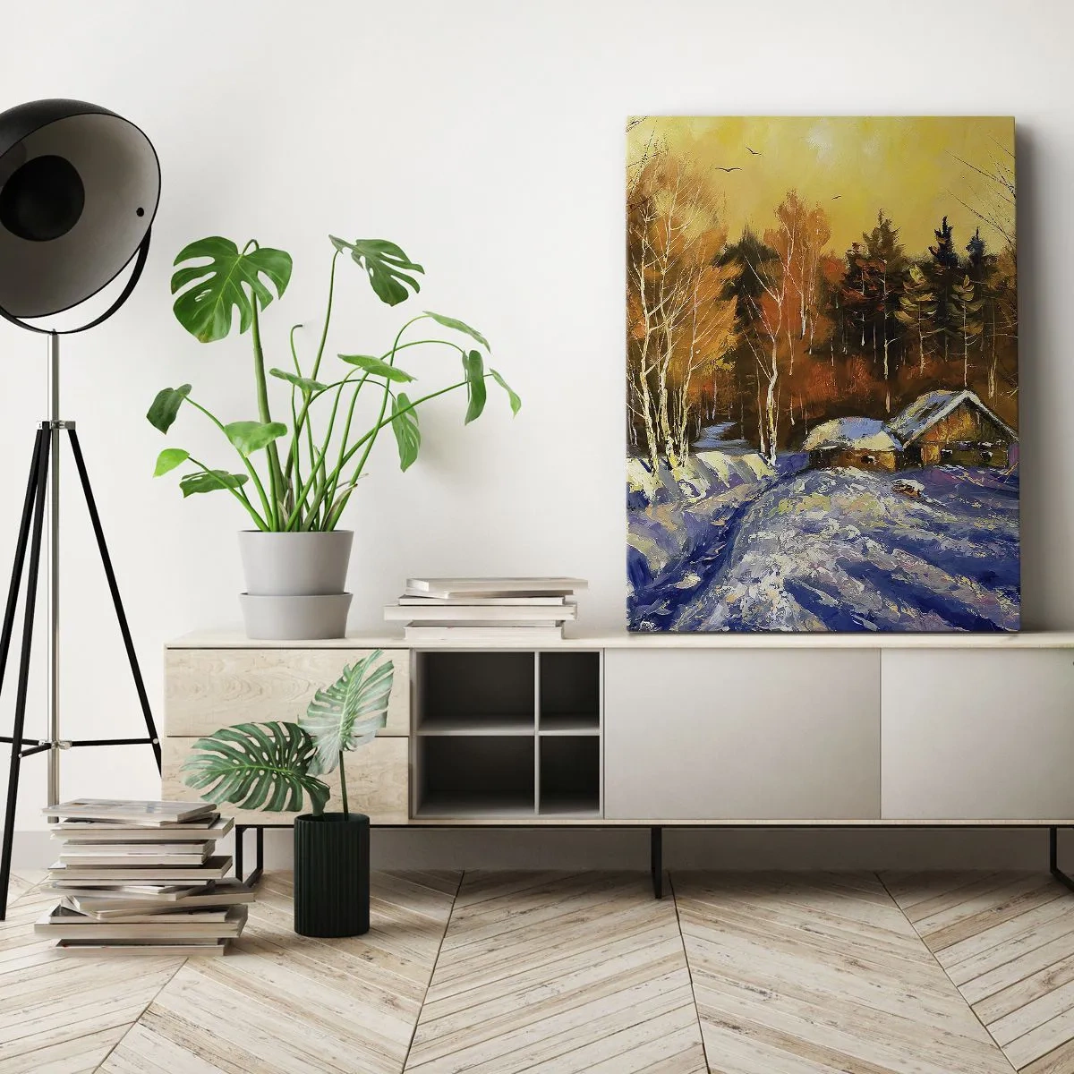 Bild auf Leinwand - Leinwandbild - Winterlandschaft mit einem Haus im Licht der untergehenden Sonne - 80x120cm - Wintereindruck in der Sonne - Moderne Wanddekoration für Wohnzimmer und Schlafzimmer ARTTOR